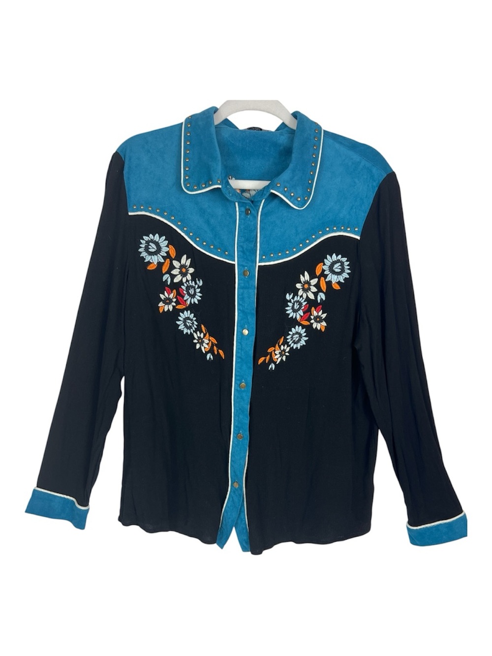 John Moon Sz XL Button Shirt Fringe Embroidered Black & Teal Cowgirl Western - Picture 2 of 12
